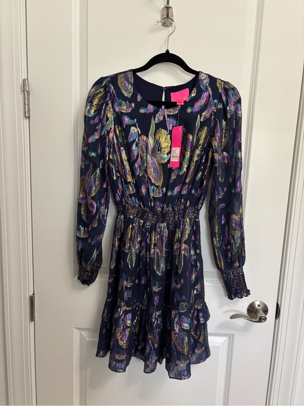 Lilly Pulitzer Navy Metallic Leaf-Print Long-Sleeve Dress